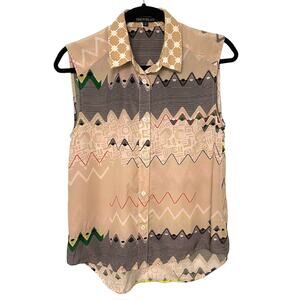 Timo Weiland Sleveless Sheer Blouse Top Southwestern Abstract Beige Black Size 4